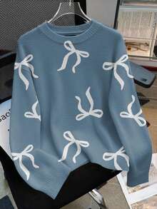 SHEIN Contrast Color Bow Print Round Neck Women Sweater - Multicolor - View 3