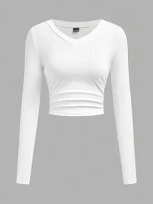 Tseoso 3 件装百搭黑、白、灰色 V 领褶皱腰长袖修身休闲 T 恤女上衣，95% 纯棉 - 彩色 - 查看 3