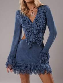 SHEIN TRNDY 1pc Women's Sweater Dress, Blue, Party Wear, V-Neck, Waist Hollow-Out Textured Knit Design, Elegant, All Season - Blue - View 1