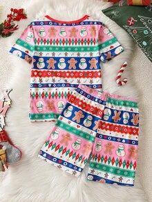 2pcs Girls Cartoon Christmas Pattern Short Sleeve Shorts Snug Fit Pajama Set Kids Two Piece Set Girls Pajamas Shorts Sets Kids Christmas Pajama - Multicolor - View 2