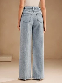 Anewsta 女士优雅花卉刺绣水钻装饰裤，都市时尚 - 淺藍色 - 查看 3