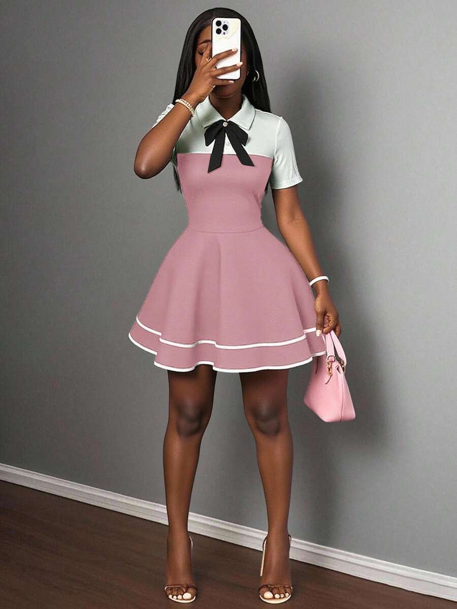 Slaydiva 2025 New Style Early Autumn And Summer Casual Street Hottie Style Sweet Girl Style Elegant Daily Date Birthday Party POLO Collar Bow Tie White Splicing Black 2 In 1 Design Multi-Layer Cake Skirt Ruffle Hem A-Style Skirt Mini Skirt Knitted Ladies Mini Dress-A