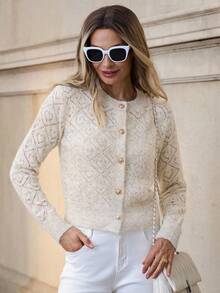 Solivie Autumn Women's French Elegant Knitted Cardigan Sweater Jacket, Classic Versatile Short Perforated Knitwear Cardigan, Autumn/Winter Women Knit Cardigan Button Up Cardigan Knitted Cardigan For Women Winter Clothes For Women Apricot Sweater Contains Wool