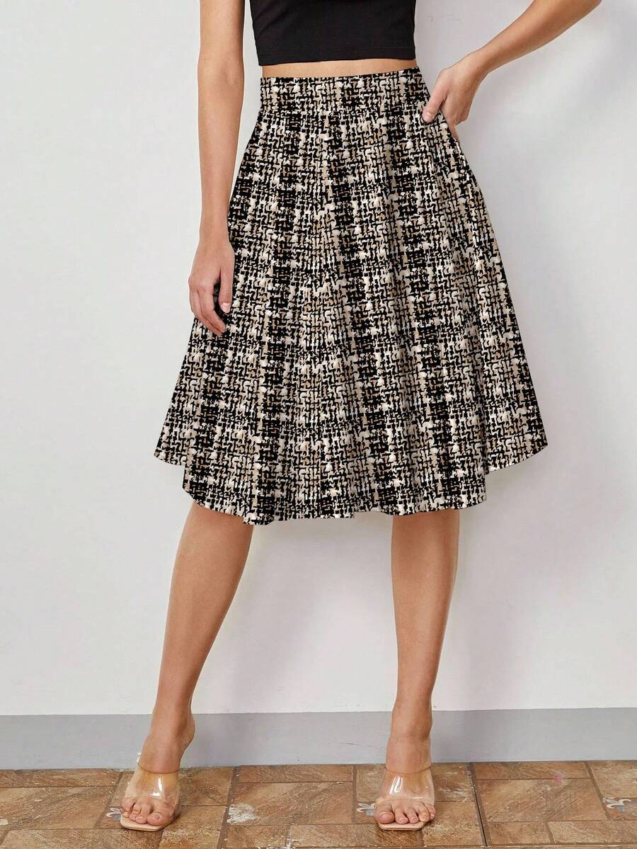 SHEIN Clasi 格纹印花女式简约A字裙，适合秋冬季 - 彩色 - 查看 1