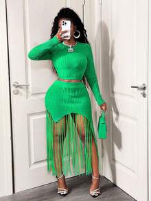 BamGleam Short Fitted Fringed Knit Skirt, Autumn/Winter - Green - View 5