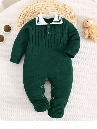 SHEIN Newborn Baby Boy/Girl Turndown Collar Romper Jumpsuit, Cable Knit Texture Sweater Outfit, Suitable For Autumn/Winter Indoor & Outdoor Wear
