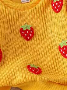 SHEIN 2pcs Baby Girl Autumn/Winter Knitted Sweater With Red Strawberry Pattern + Denim Pants Set - Yellow - View 3