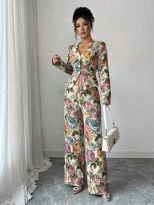 SHEIN Elenzya 女士优雅提花无弹力套装，秋冬 - 杏色 - 查看 5