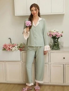 SHEIN 女士撞色荷叶边翻领纽扣睡衣套装，秋季服装 - 綠色 - 查看 6