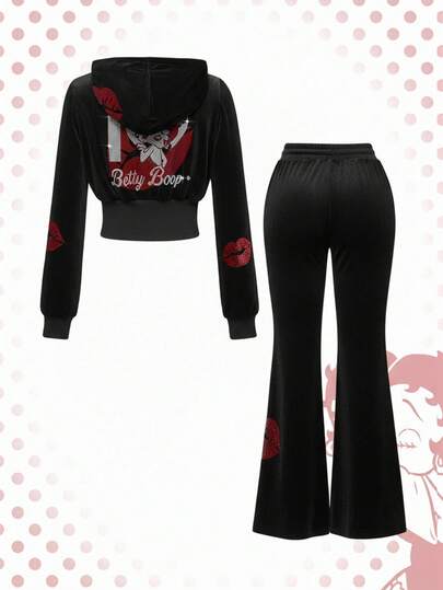 Betty Boop | ROMWE Ensemble 2 pièces pour femmes composé d'une veste à capuche zippée en velours avec personnage de dessin animé, lèvres rouges et strass, et d'un pantalon évasé