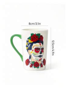 Frida Kahlo X SHEIN 1个13.53盎司/400毫升陶瓷马克杯，印有人物图案，耐热耐冷，可用于微波炉和洗碗机，适用于盛装水、牛奶、果汁、咖啡等。优雅艺术风格，适合亡灵节、亡灵节、亡灵节、骷髅与花卉、万寿菊、糖骷髅、蜡烛、墨西哥万寿菊等主题。 - 彩色 - 查看 6