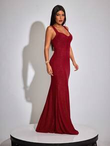 女式酒红色弹力闪光可变形 V 领无袖露背拉链开合优雅性感派对长裙 - 酒紅色 - 查看 5