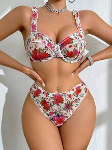 SHEIN 2pcs Women Floral Lace Comfortable Lingerie Set - Multicolor - View 3
