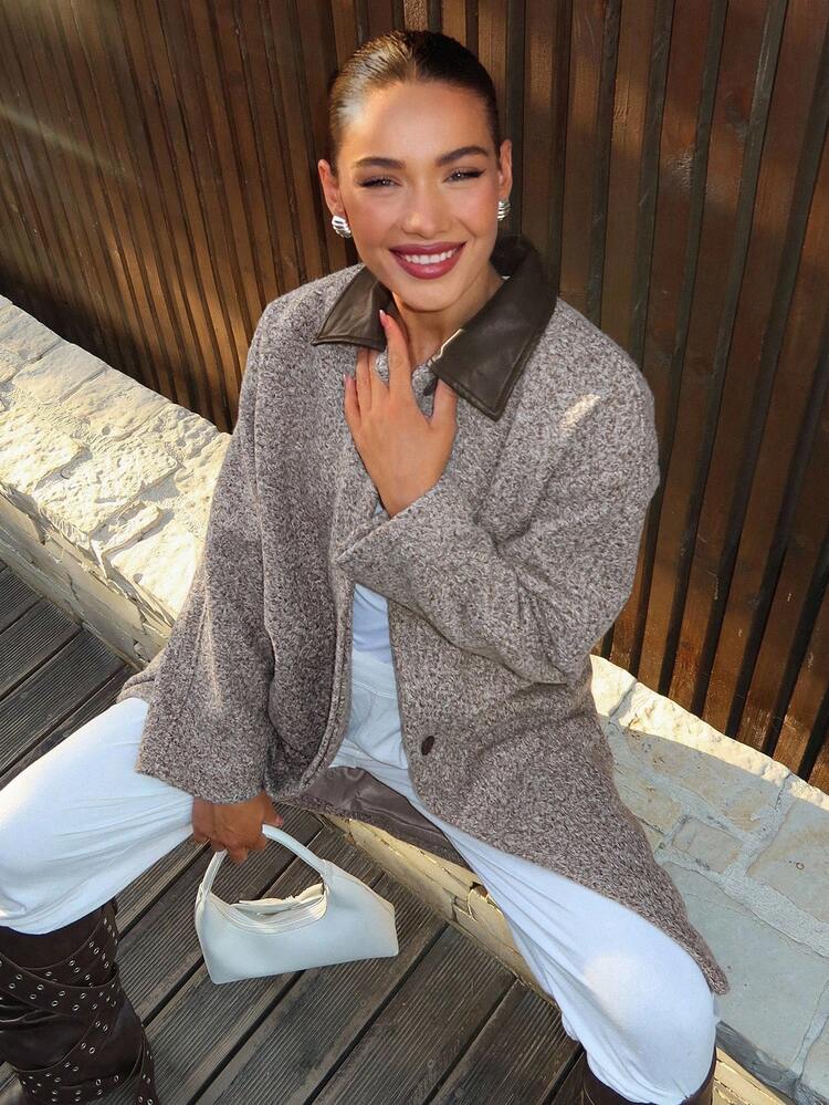 Women's Loose Business Casual Straight Long Coat, Elegant Office/Commute Wear, Brown Color Block Jacket, Autumn/Winter
