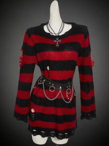 SHEIN ICON 女式万圣节哥特式黑红嬉皮长袖休闲时尚街头哥特风格撞色条纹图案，不包括腰带红黑条纹毛衣垃圾毛衣秋冬破旧毛衣 - 彩色 - 查看 8