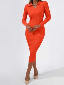RueChic Solid Ribbed Knit Bodycon Sweater Dress - Orange - View 3
