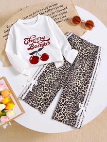 SHEIN 2pcs Girls Autumn/Winter Sweet Cherry Leopard Print Set, Cherry Print Long Sleeve Top + Leopard Flare Pants With Bow - Multicolor - View 1