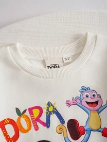 DORA | SHEIN 2 pièces/Set Jeune fille Mignon Dora Dessin animé Graphique Col rond Manches longues Sweat-shirt et Leggings ajustés Élastiques Imprimé Lettre Tricot Sport Décontracté Tenue Extérieure