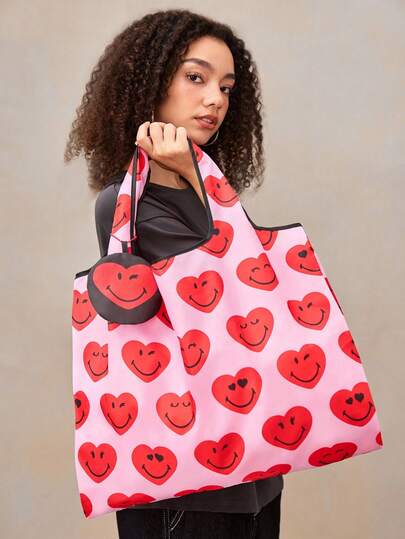 SmileyWorld® | SHEIN Cute Cartoon Character Printed Foldable Shopping Bag, Handbag, Equipped With A Small Storage Bag With A Bead Chain That Can Be Hung On The Bag, Love