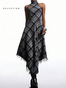 LYSMO Vestido largo asimétrico con escote halter y espalda descubierta a cuadros de moda - Multicolor - Ver 3