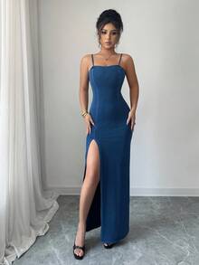 Siren Gaze 女士藍色性感牛仔連衣裙，高側邊開衩，細肩帶 - 藍色 - 查看 1