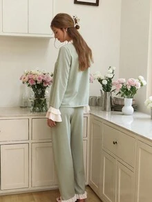 SHEIN 女士撞色荷叶边翻领纽扣睡衣套装，秋季服装 - 綠色 - 查看 2