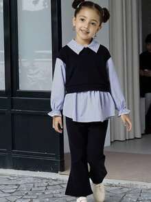 Sparklyn Young Girl Striped Patchwork Sweatshirt And Flare Pants Set - Navy Blue - View 4