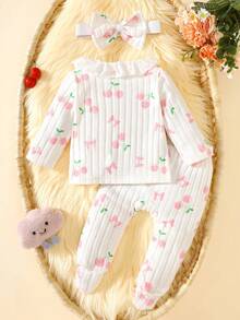 SHEIN Bộ 3 món đồ bộ áo dài tay cổ tròn viền ren dễ thương cho bé gái + quần + băng đô, họa tiết sọc hồng in hình quả anh đào, quần áo trẻ sơ sinh cho bé gái, thường ngày, thoải mái, thời trang, tối giản, thiết thực, đa chức năng, trang phục mềm mại và ấm áp, món quà tuyệt vời, cần thiết cho mọi bé, phù hợp với mọi mùa, mặc ngoài trời - Nhiều màu - Xem 5