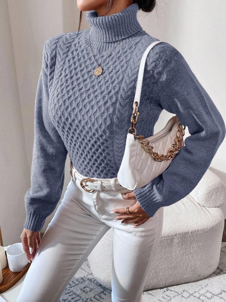 EURMUSE Women's Casual Everyday Commute Solid Color High Neck Cable Knit Pullover Sweater, Autumn/Winter - Blue - View 6