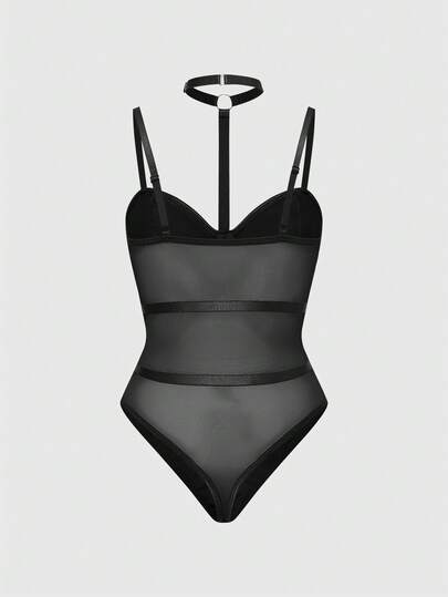 Grunge Punk Dark Punk PU Underwire Mesh Sexy Bodysuit