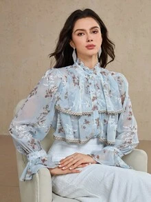 DAZY Chemisier élégant à col à volants en dentelle florale et patchwork pour femmes, Top à manches longues pour l'automne