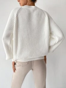 EURMUSE Solid Raglan Sleeve Ribbed Knit Sweater - White - View 2