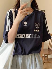 DAZY 女士圆领条纹 T 恤，袖边字母印花，时尚针织超大 T 恤，图案 T 恤