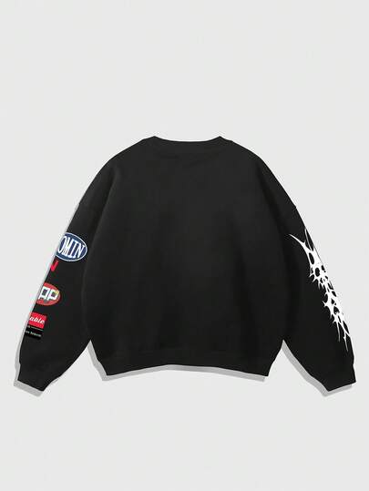 Sudadera de cuello redondo con mangas largas con estampado de letras y dibujos animados para hombres, otoño