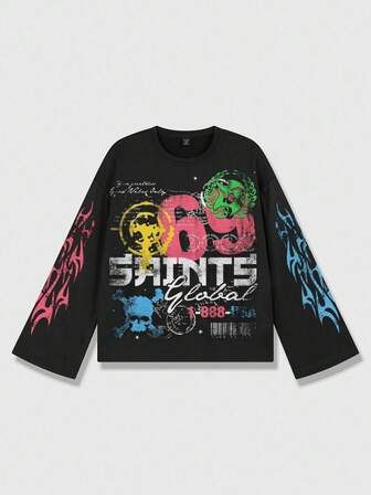 Street Life Men's Casual Loose Fit Letter & Skull Print Crew Neck Long Sleeve Pullover Sweatshirt, Autumn