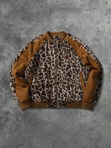 ROMWE MEN Street Life Herren Leopard Muster Patchwork Wildleder-Optik Jacke, Street Style amerikanischer Buchstaben Stickerei Mantel, Herbst/Winter - Kaffeebraun - Übersicht 1