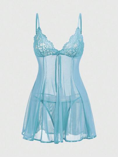 J-Fashion Conjunto de vestido transparente sexy con parches de encaje y malla, estilo vanguardista Y2K