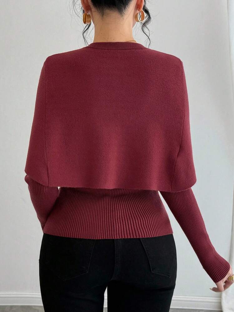 Women's Elegant Solid Color Cape Sweater, 2 Pieces Set, Autumn