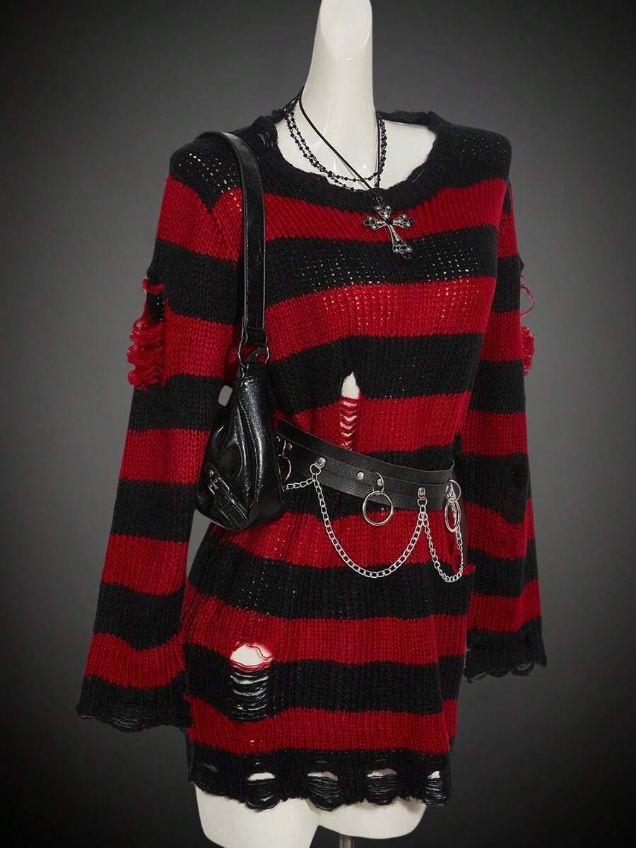 SHEIN ICON 女式万圣节哥特式黑红嬉皮长袖休闲时尚街头哥特风格撞色条纹图案，不包括腰带红黑条纹毛衣垃圾毛衣秋冬破旧毛衣 - 彩色 - 查看 1