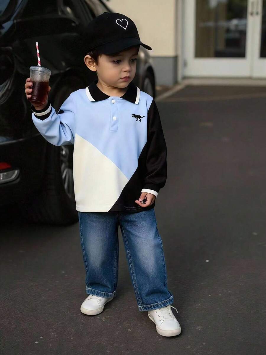 SHEIN Toddler Boys' Colorblock Long Sleeve Polo Shirt, Comfortable & Versatile, Spring/Autumn Fall Winter - Multicolor - View 1