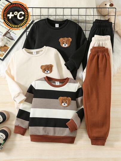 SHEIN 6 件儿童男童休闲日常舒适熊印花圆领宽松套头衫和宽松慢跑裤 2 件套运动服套装，3 种款式，适合学校、花园、海滩、生日、春季、夏季、秋季、冬季