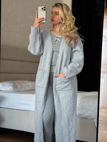 DAZY 女士宽松长款针织睡袍，简约设计，冬季睡衣，舒适保暖 - 淺灰色 - 查看 6