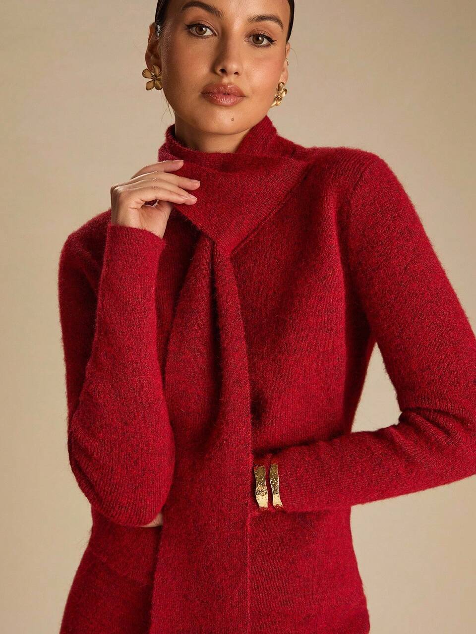 Enchnt Women's Elegant Burgundy Red 2pcs Knit Sweater Set, Long Sleeve Autumn Clothes For Party,Sweet&Elegant For Date&Afternoon Tea&Daily Commuting