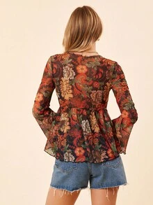 Coeurva Floral Print Knot Front Flounce Sleeve Peplum Blouse,Long Sleeve Tops - Black - View 5