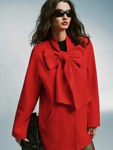 Airlisse Women's Red Lace-Up Bow Woolen Coat, Christmas - Red - View 5