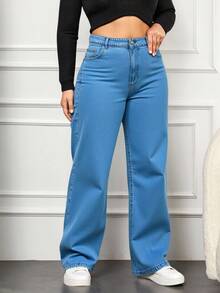 EURMUSE Plus Size Women Pockets Loose Wide Leg Casual Versatile Jeans - Baby Blue - View 3