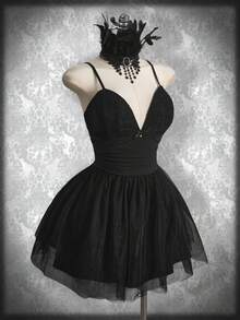 SHEIN ICON 大码女式黑色蕾丝拼布腰部 A 字形公主裙、万圣节服装、黑天鹅、约会裙、派对裙、生日裙 - 黑色 - 查看 5