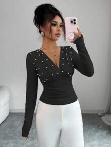 Elenzga Áo thun ôm sát cổ chữ V đính ngọc trai giả thanh lịch dành cho nữ, Xuân/Thu - màu đen - Xem 6