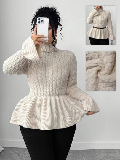 Elenzga Christmas Plus Size Women Knitted Sweater, Fitted Turtleneck Solid Color Ruffle Hem Stylish Pullover