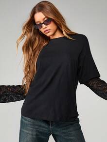 MISSGUIDED Oversized Black T-Shirt With Lace Long Sleeves Casual Fashion Layered Style Fall Winter Basic Holiday Elegant Ladies Everyday Wear Two Tone Design - Black - View 5